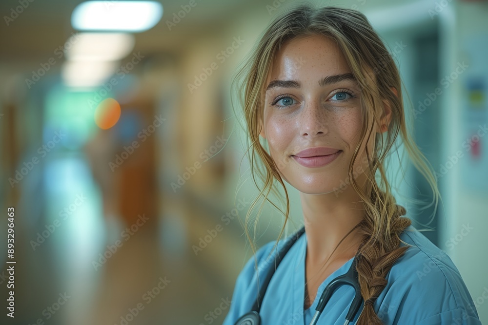 Fototapeta premium Young Female Nurse Smiling in Hospital Hallway