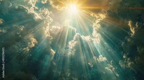 The Divine Light in Heaven is a symbol of God's presence, truth, spiritual illumination. God's love and grace The beam blesses the world with divine light.