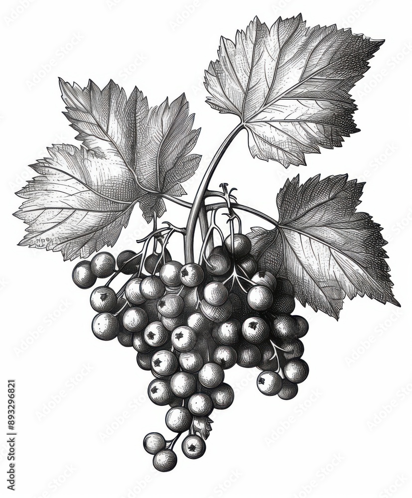 Obraz premium Black and white Vintage engraved art of a currant isolated on white background, ink sketch illustration, simple vector art design, highly detailed line art, high contrasty. 