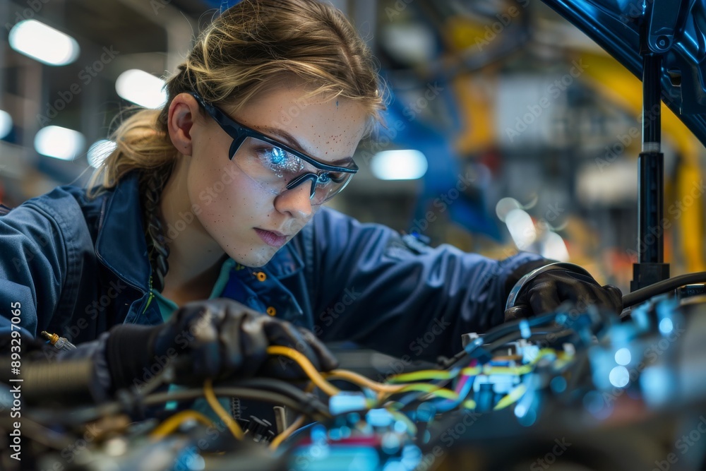 Female Mechanic Working on Car Engine Female Mechanic Working on Car Engine