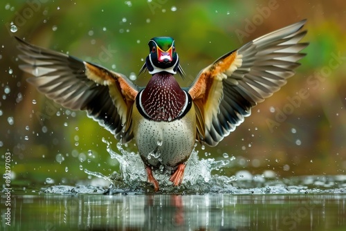 A colorful male Wood Duck flaps his wings causing water to fly off photo