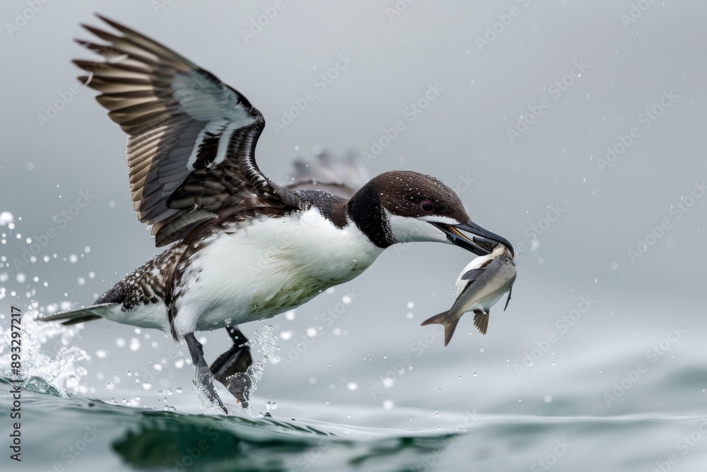 Fototapeta premium A Common Murre flies in to enjoy its fresh catch of the day