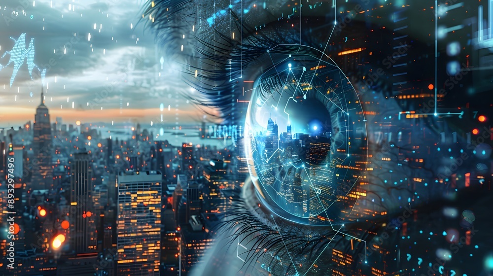Close-up of a digital eye overlaying New York's cityscape, with glowing lines and data symbols around, in a gradient blue to white background, symbolizing futuristic innovation Close-up of a digital eye overlaying New York's cityscape, with glowing lines and data symbols around, in a gradient blue to white background, symbolizing futuristic innovation
