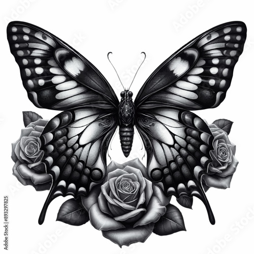 butterfly with rose tattoo illustration design