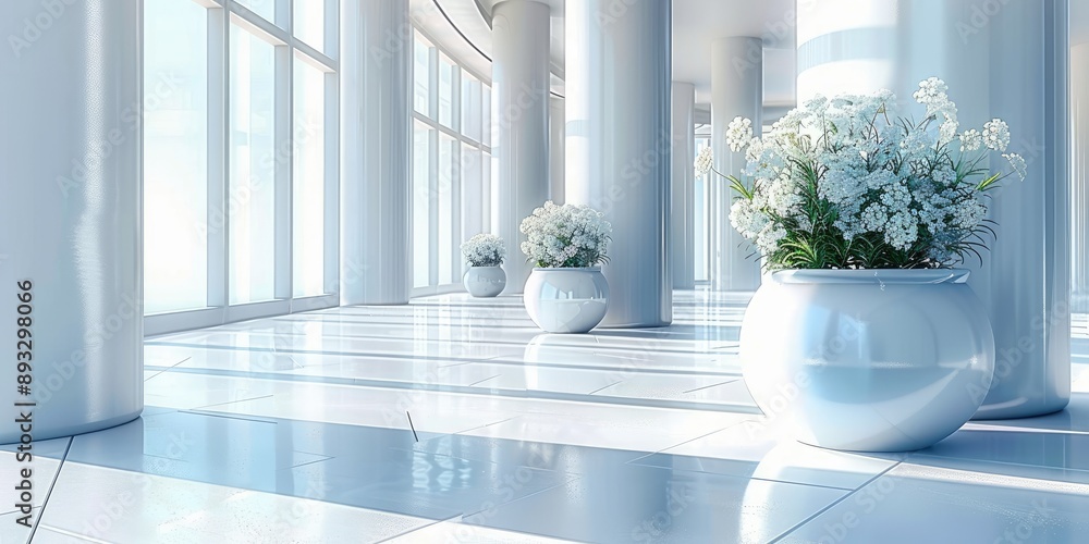 Fototapeta premium Bright Minimalist Corridor with Potted Plants
