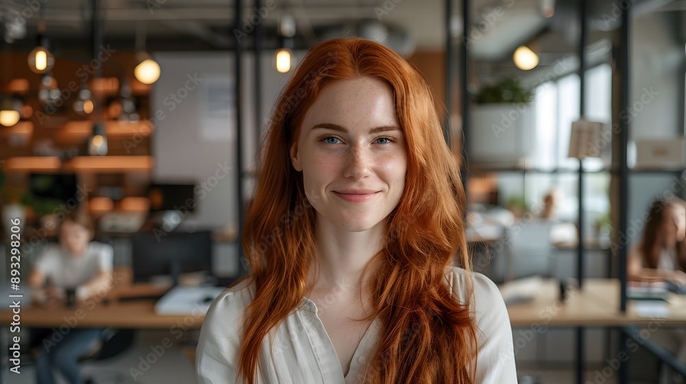 Obraz premium Beautiful young Russian model smiling in a modern office space