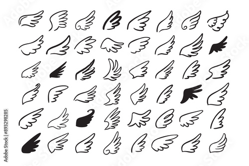 Doodle outline sketch angel wings. Angel feather wing, silhouette. Linear fly winged angels, flying heaven hand drawn doodle vector icons
