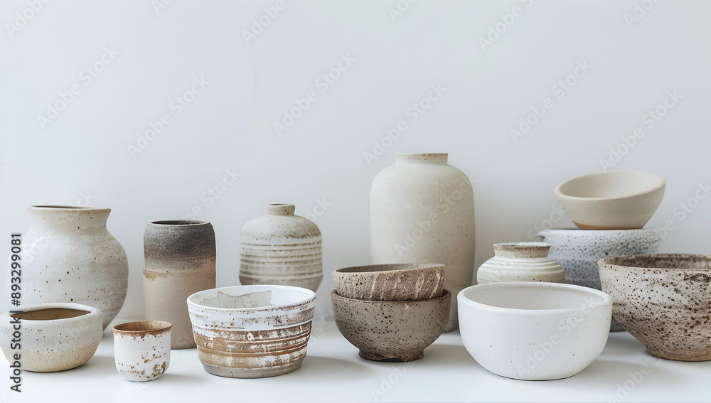 Fototapeta premium A collection of ceramic vases and bowls on a white background, showcasing various shapes, sizes, and earthy tones for interior design decor.