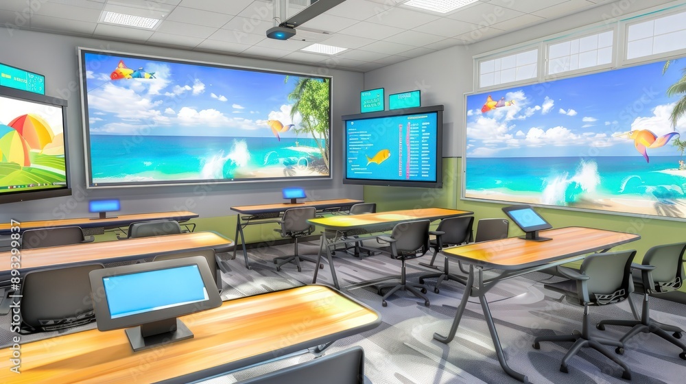 Interactive classroom with flexible seating and multiple digital boards Interactive classroom with flexible seating and multiple digital boards