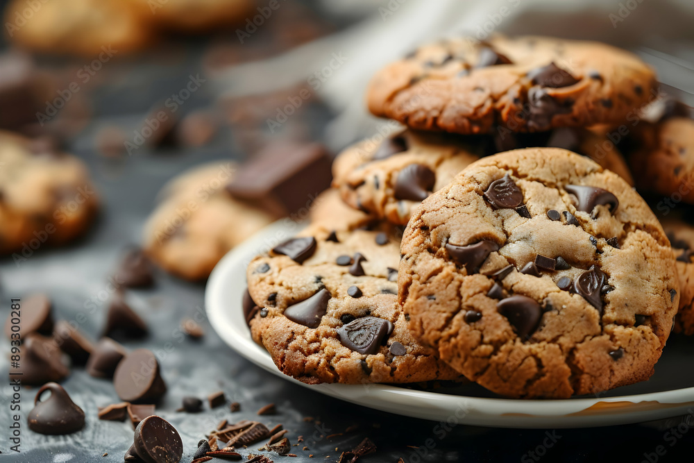 Close-up of freshly baked chocolate chip cookies on a white plate, surrounded by scattered chocolate chunks on a dark background. Close-up of freshly baked chocolate chip cookies on a white plate, surrounded by scattered chocolate chunks on a dark background.