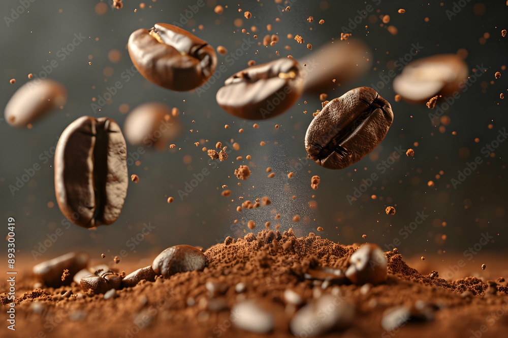 Close-up shot of coffee beans flying over ground coffee, capturing the dynamic energy and rich texture of fresh coffee preparation. Close-up shot of coffee beans flying over ground coffee, capturing the dynamic energy and rich texture of fresh coffee preparation.
