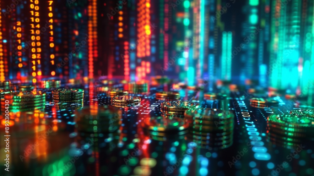 A Colorful Image of Coins on a Table With Bright Lights Behind Them - Generative AI A Colorful Image of Coins on a Table With Bright Lights Behind Them - Generative AI