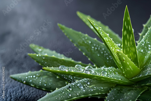Close-up of vibrant green aloe vera plant leaves with water droplets, showcasing natural beauty and texture against a dark background.