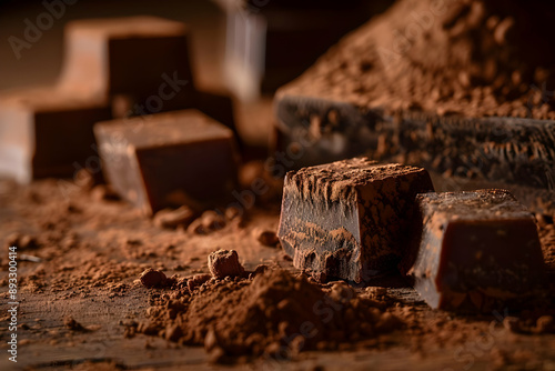 Close-up shot of dark chocolate pieces on a wooden surface with cocoa powder. Perfect for food, dessert, and confectionery themes. photo