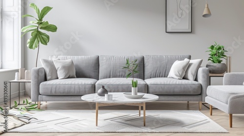 Living room featuring a grey sofa, a minimalist coffee table, and a white rug photo