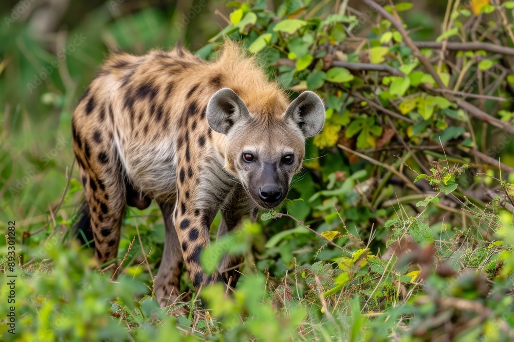 Fototapeta premium A Hyena searches the bush for food scraps