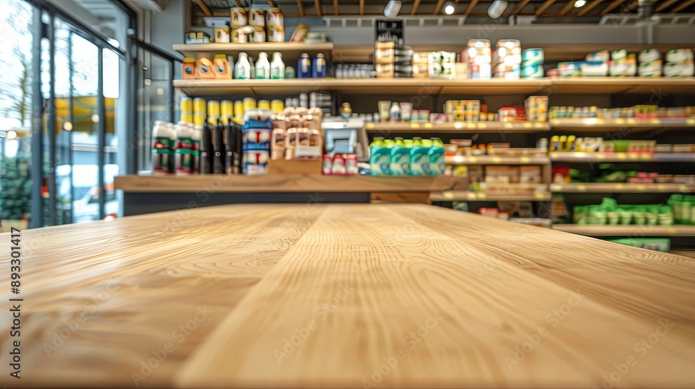 Wooden Tabletop Against Blurred Supermarket Interior Wooden Tabletop Against Blurred Supermarket Interior