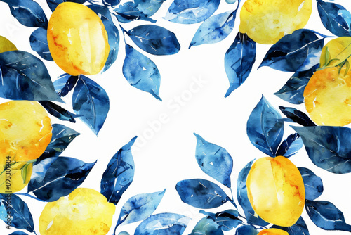 Watercolor illustration of yellow lemons with blue leaves on white background photo