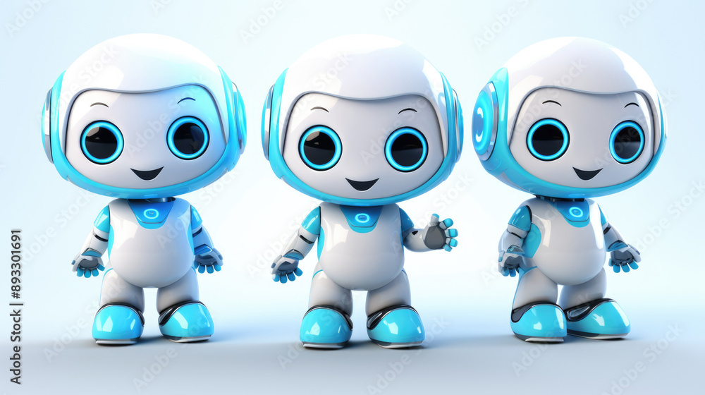 Fototapeta premium Three Cute robot friendly digital assistant character with glowing blue lights