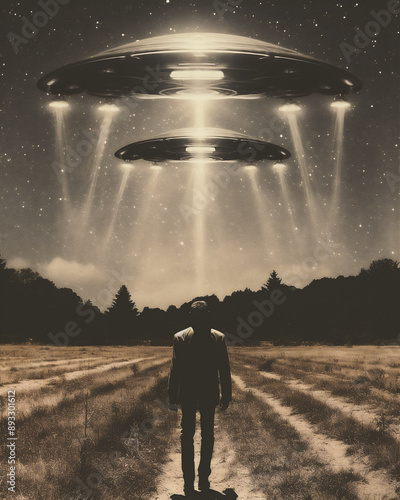 UFO abducts a man in a field at night