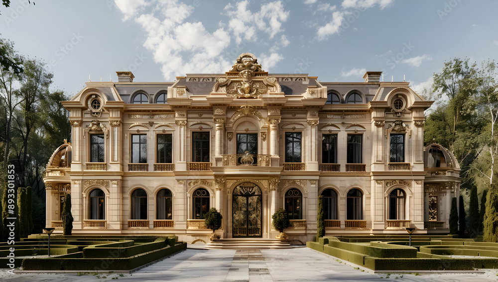 Obraz premium Grand historic mansion with exquisite architectural details, large windows, and lush landscaping, set against a bright blue sky with clouds.