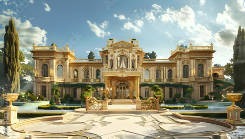 Luxurious European-style mansion with grand architecture and beautiful gardens under a clear sky.