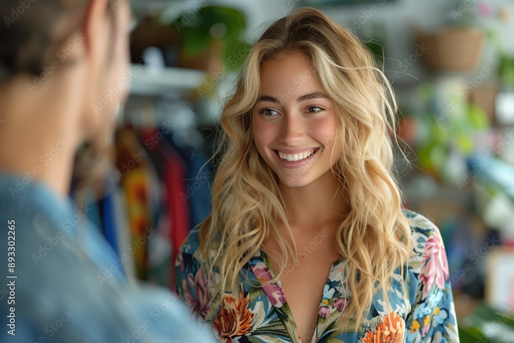 Blonde Woman Smiling at Man in Floral Shirt Blonde Woman Smiling at Man in Floral Shirt