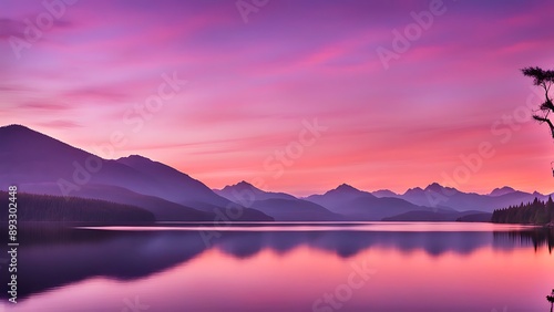 Wallpaper Mural A sunset over a serene lake with mountains in the background, with the sky painted in hues of orange, pink, and purple Torontodigital.ca