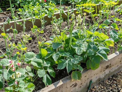 Glory of Broad Bean Plants: A Picturesque English Cottage Vegetable Garden in the UK