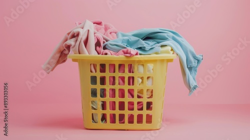 A yellow plastic laundry basket filled with clothes against a pink background, symbolizing household chores and cleanliness photo