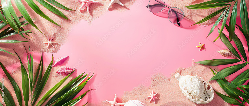 pink summer background with copy space, top view pink summer background with copy space, top view