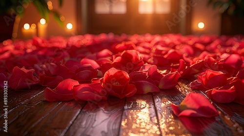 Red roses, the petals of which are scattered on the floor.