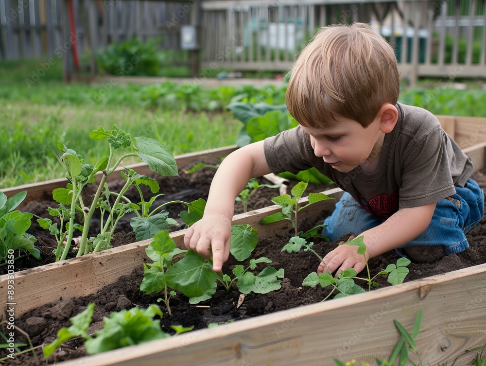 Fototapeta premium The Young Gardener: Tending to the Raised Bed
