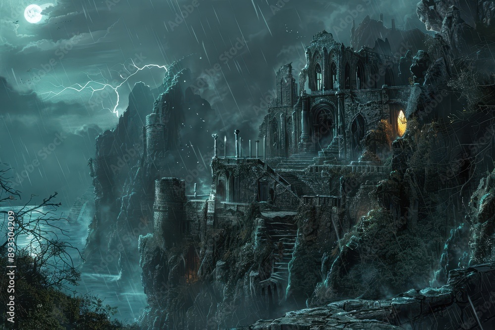 Ancient gothic castle ruins on a stormy night with lightning Ancient gothic castle ruins on a stormy night with lightning