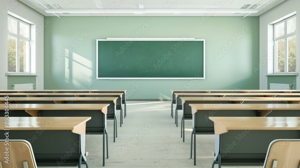 Minimalist classroom with a clean, empty green chalkboard at the front Minimalist classroom with a clean, empty green chalkboard at the front
