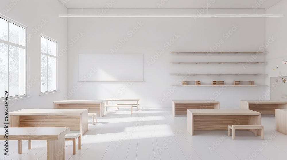 Fototapeta premium Minimalist classroom with white walls, light wooden desks, and minimalist shelving