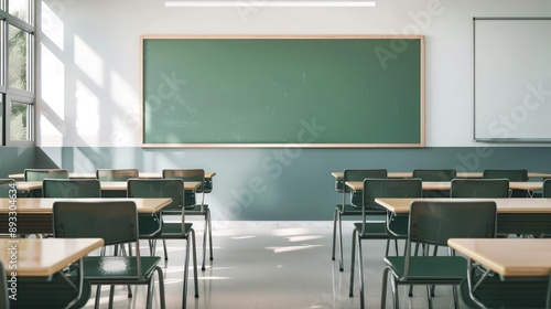 Minimalist classroom with a clean, empty green chalkboard at the front