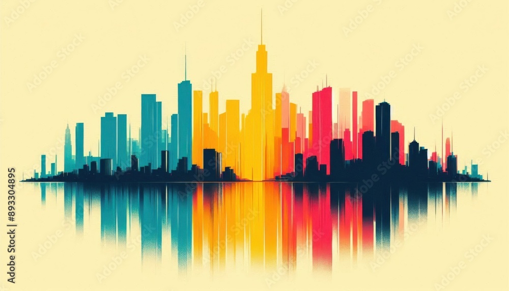Fototapeta premium Vivid Reflections: Cityscape Illustrated in Bold Colors