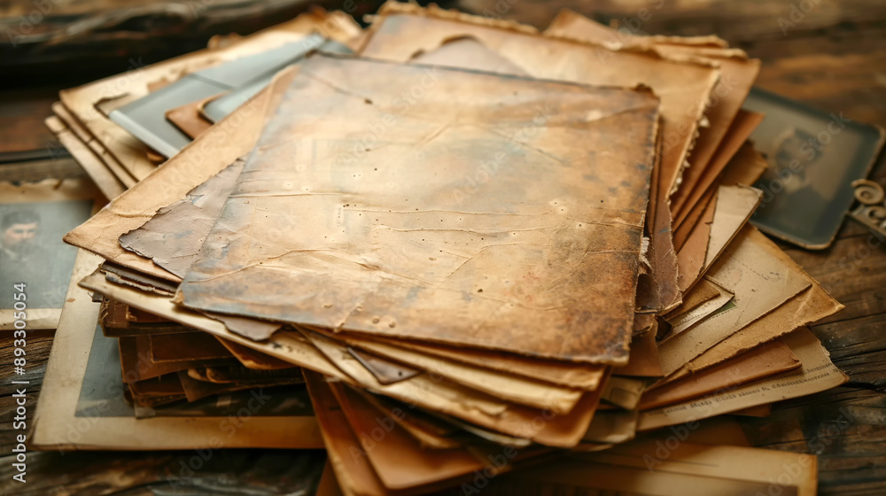 A stack of old, worn photographs on a wooden table A stack of old, worn photographs on a wooden table