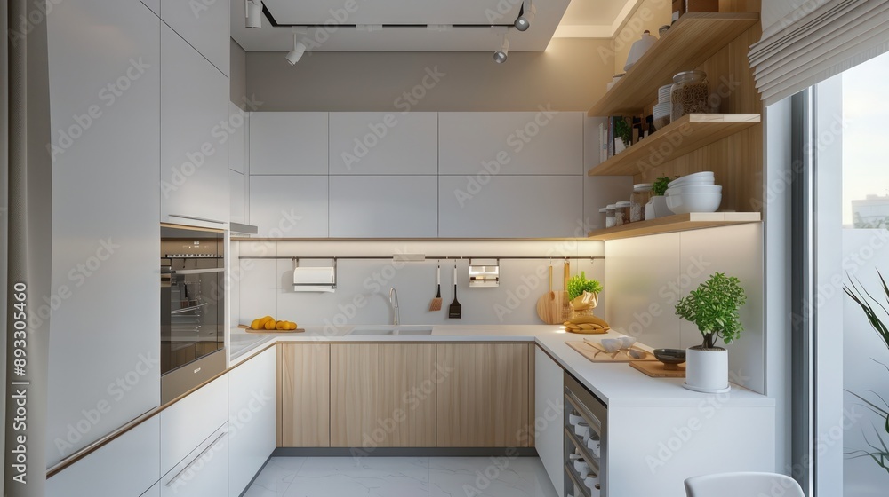 Minimalist kitchen with clean white surfaces and light wooden accents Minimalist kitchen with clean white surfaces and light wooden accents