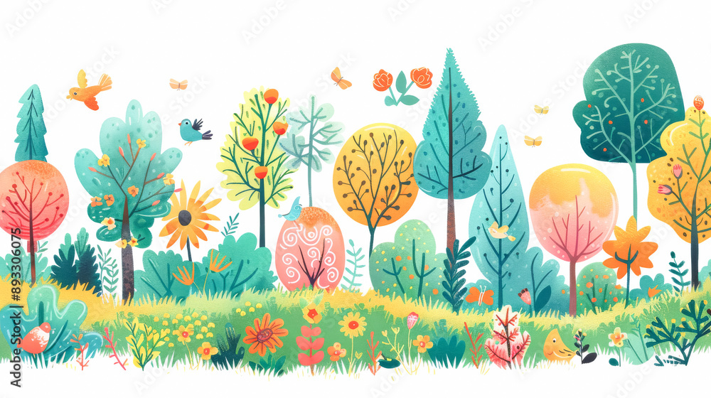 Naklejka premium 動物がたくさんいる森のイラスト