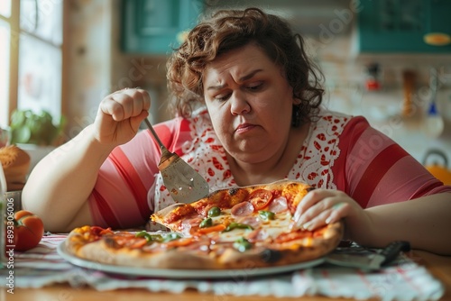 A plus-sized woman, enjoying a large pizza