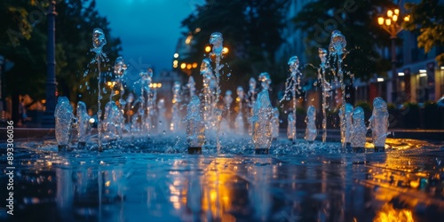 Enchanting Urban Oasis: Illuminated Fountain Spectacle in City Center Park at Twilight. Majestic Water Display Against Backdrop of Glowing Skyscrapers. Summer Evening Cityscape with Vibrant Nightlife.