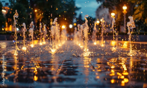 Enchanting Urban Oasis: Illuminated Fountain Spectacle in City Center Park at Twilight. Majestic Water Display Against Backdrop of Glowing Skyscrapers. Summer Evening Cityscape with Vibrant Nightlife.
