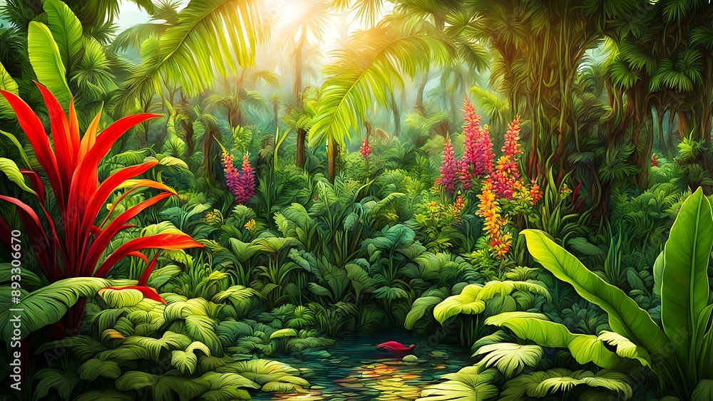 Obraz premium Lush tropical jungle with exotic plants and flowers, bathed in warm sunlight and vibrant colors