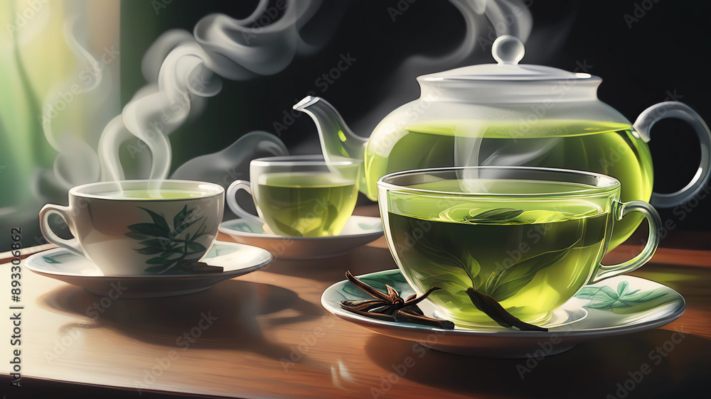 a hand drawn painting of a cup of steaming hot green tea kept on a clean table along with a teapot and a saucer. Highly detailed crisp photo in 4k, wide-angle, sharp, vibrant, vivid. a hand drawn painting of a cup of steaming hot green tea kept on a clean table along with a teapot and a saucer. Highly detailed crisp photo in 4k, wide-angle, sharp, vibrant, vivid.