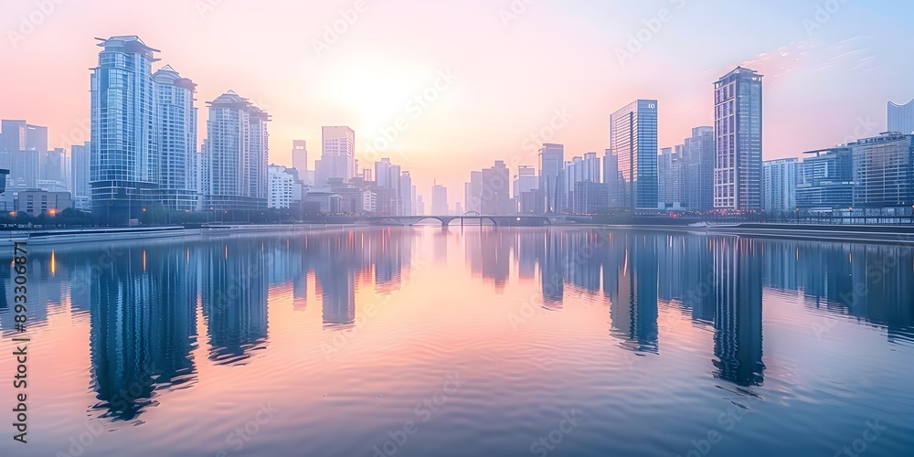 Obraz premium Serene Cityscape with Towering Buildings Reflected in Calm River at Sunset