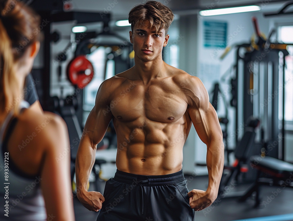 Muscular Man Posing in Front of a Gym Mirror Muscular Man Posing in Front of a Gym Mirror