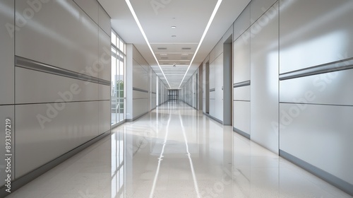 Minimalist school hallway featuring blank walls and sleek, modern lines