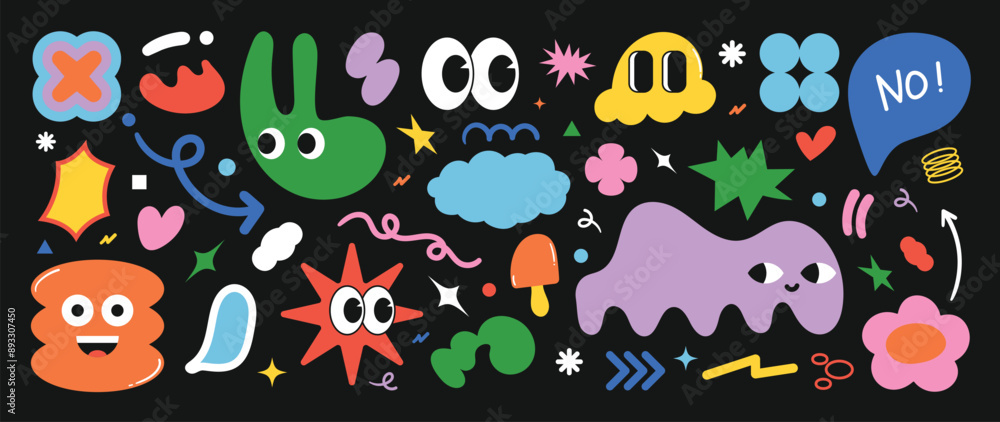Obraz premium Set of funky groovy element vector. Collection of cartoon characters, cute doodle dawn, sparkle, cloud, ice cream, speech bubble, face. Retro hippie design for decorative, sticker, toys and kids.